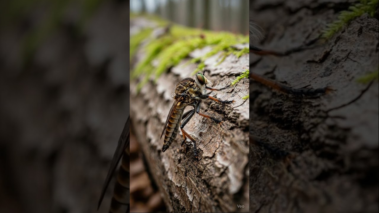 MacroHero Cinema &mdash; Robber Fly on Moss Log | Cinematic Macro (AI-assisted) #aiassisted #documentary