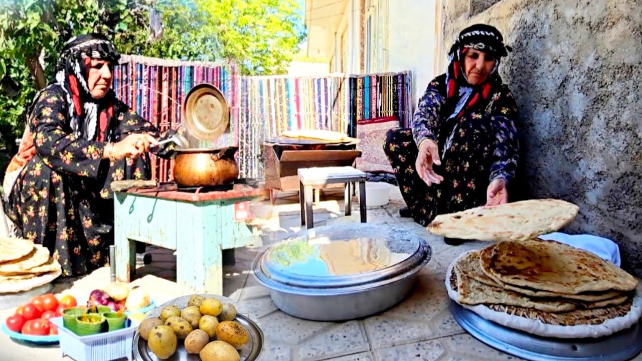 Village life in Iran: baking Kurdish bread and Cooking mashed potatoes | rural cuisine | ILAM