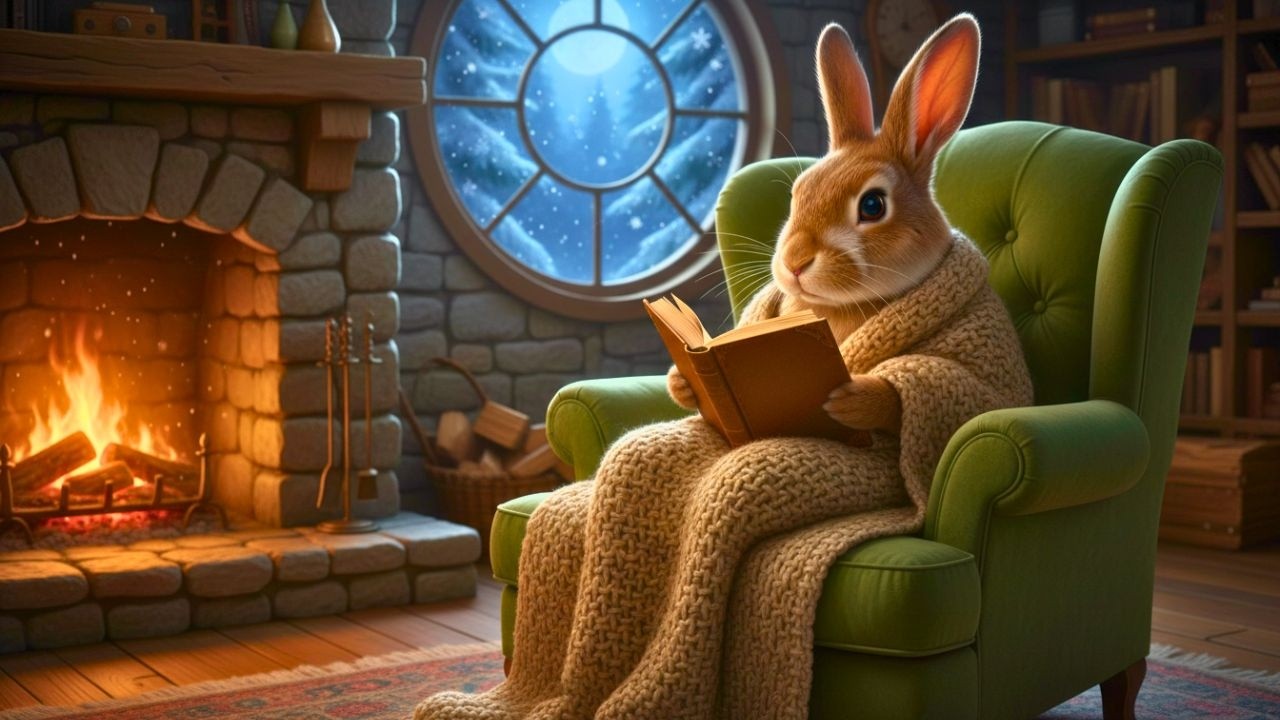 Winter Bunny Reading by the Fireplace 📖🔥❄️ Woodland Fantasy Ambience & Soft Piano for Study, Relax