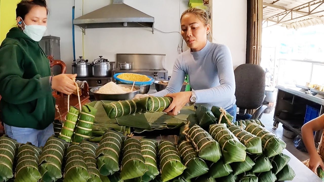 Num Anksom Chrouk |Sticky Rice Cake Filled with Mung Bean and Pork Belly