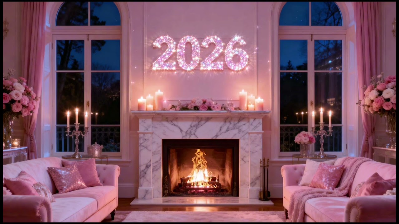 Sparkling pink 2026 fireplace ambience💖girly calm New Year’s background & fire sounds