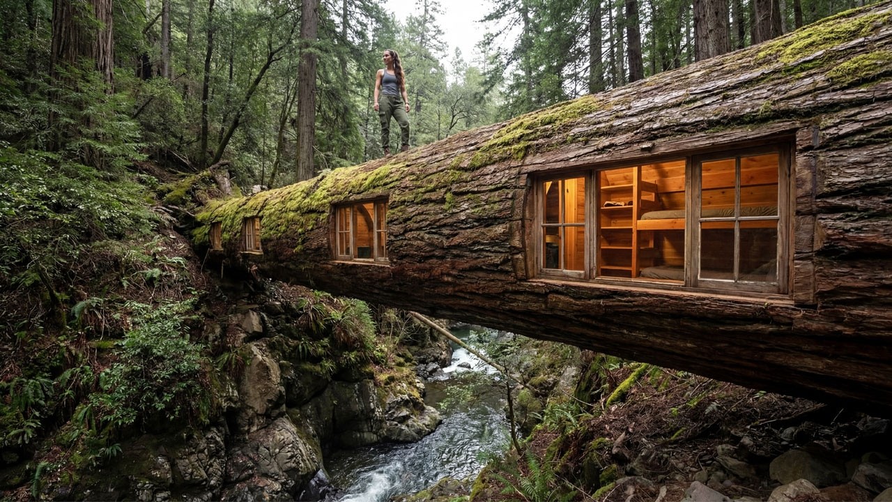 Building Shelter Inside Giant Fallen Tree Bridge Over Ravine | 80 Days
