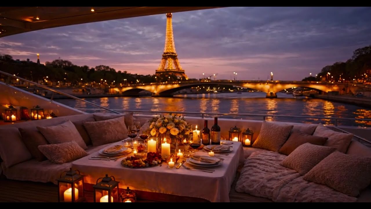 Romantic Paris Night on a Luxury Yacht ✨🗼✨ Candlelight Dinner, Smooth Jazz & Water Sounds