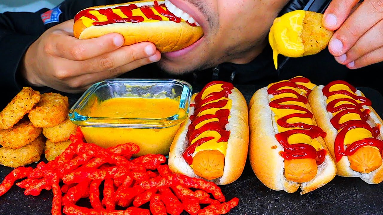 ASMR EATING CHICKEN NUGGETS HOT CHEETOS HOT DOGS WITH CHEESE SAUCE BIG BITES MUKBANG NO TALKING