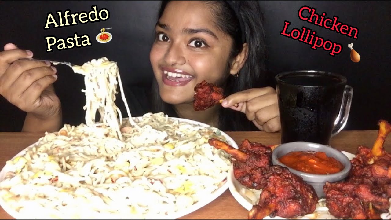 CHEESY CREAMY ALFREDO PASTA AND CHICKEN LOLLIPOP EATING | EATING SOUNDS | EATING SHOW | MUKBANG