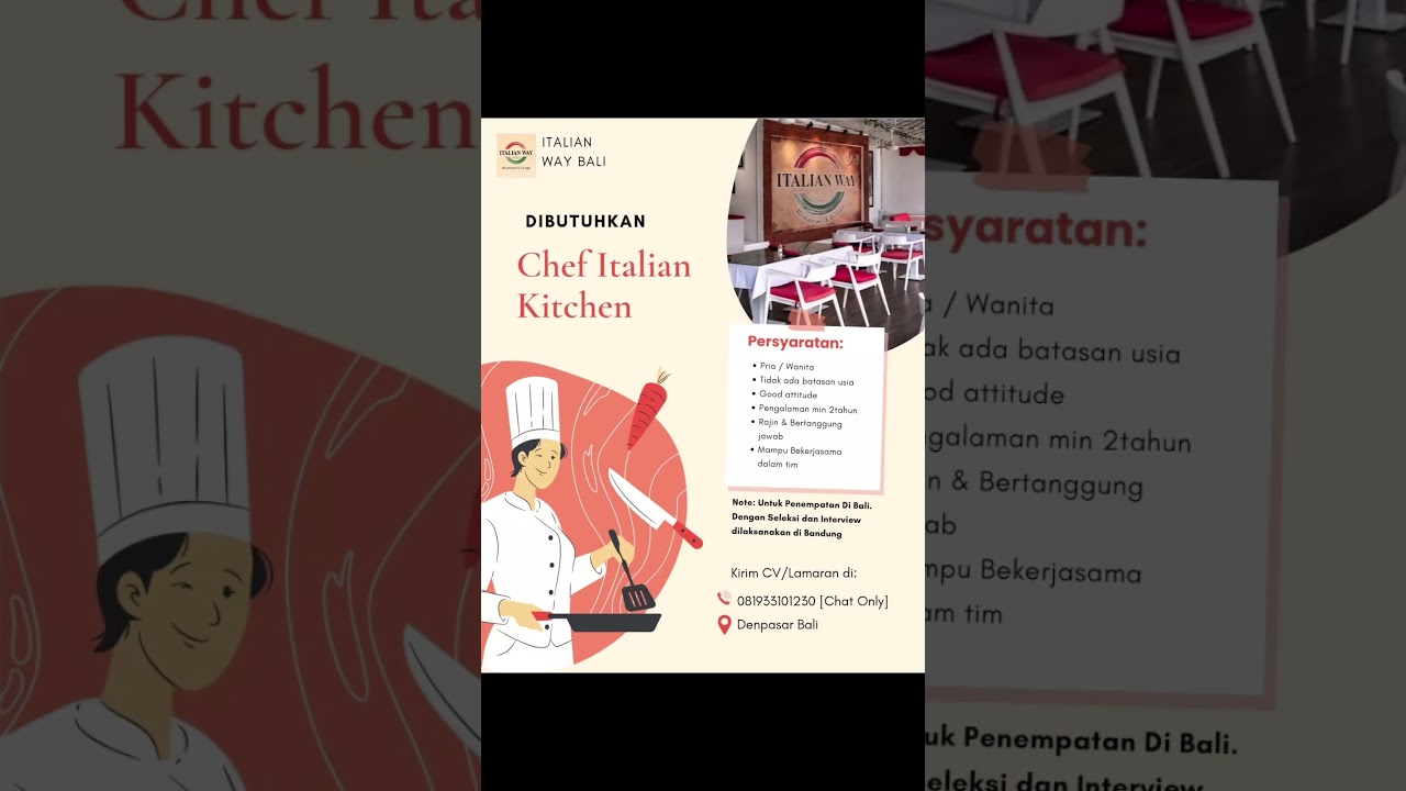Lowongan Kerja Chef Italian Kitchen di Bali | Info Loker F&B Denpasar
