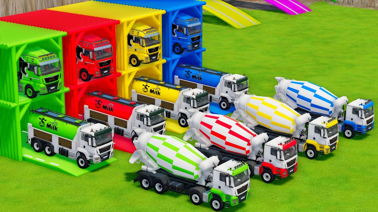 Garage with Colors - ALL MIXER TRUCK WITH DOUBLE FLATBED TRAILER TRUCK, MAN - FS22