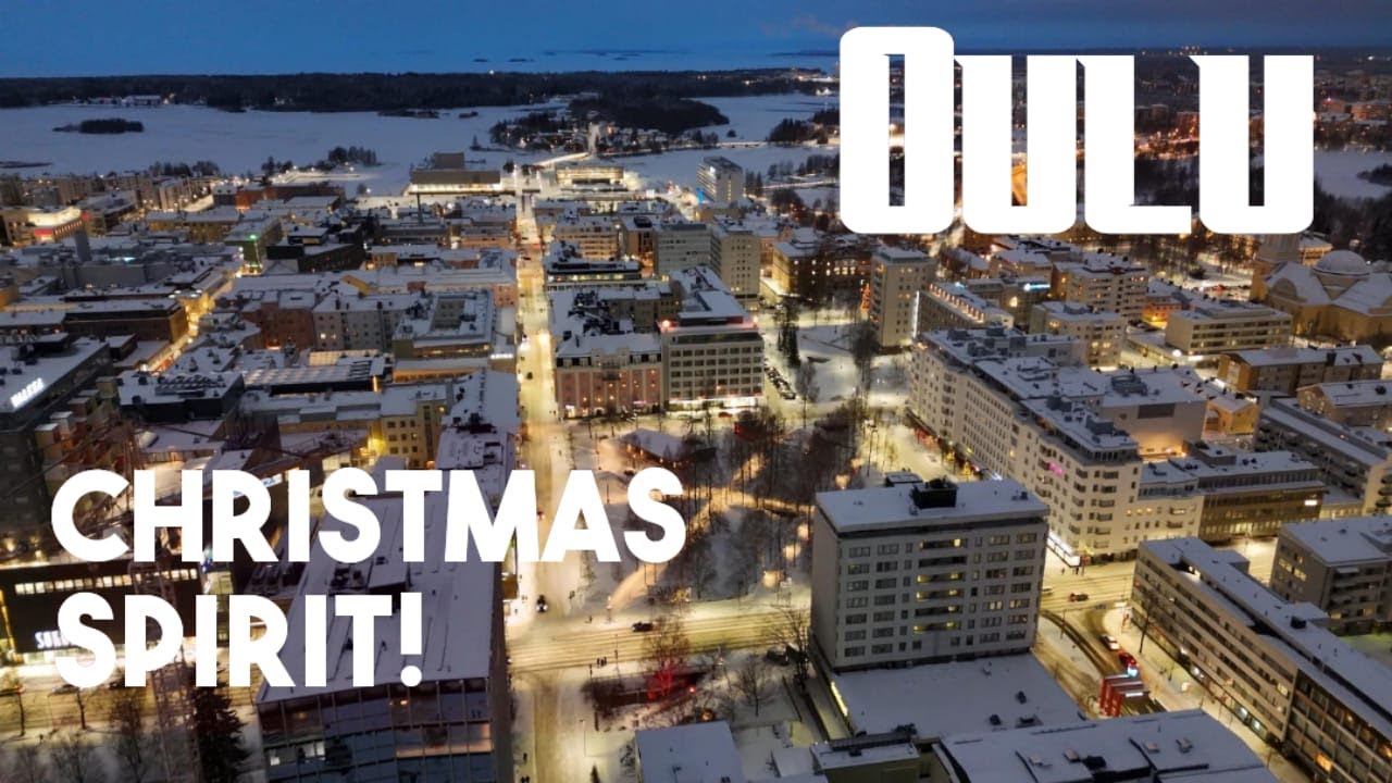 Winter tour in Oulu (4K), walking in the center and drone wiew