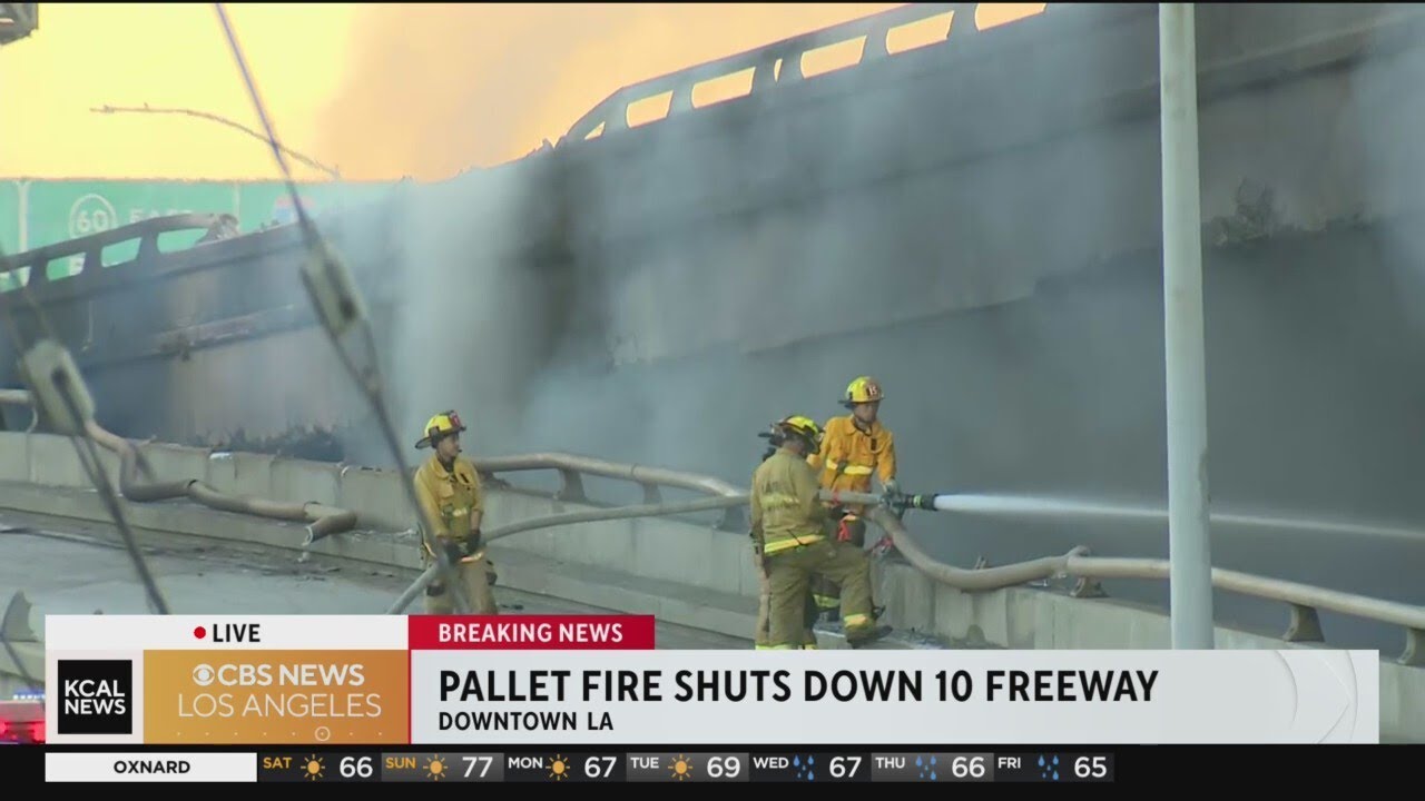 Massive downtown LA pallet fire shuts down10 Freeway