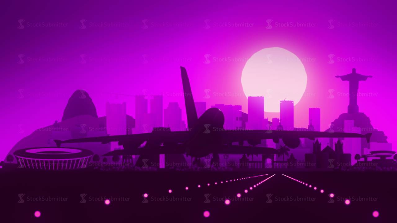 Rio de Janeiro Brazil Airplane Landing Skyline Purple Violet Background