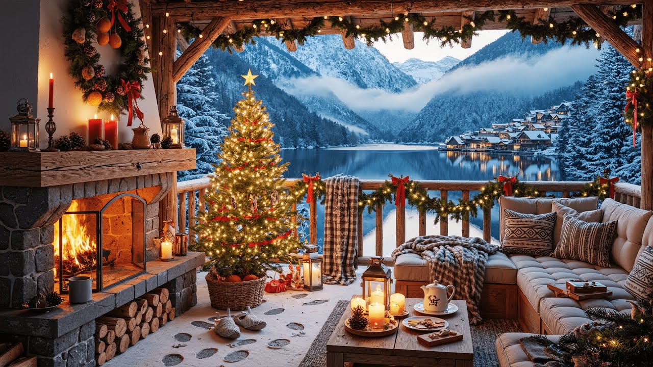 Christmas Cabin by the Lake 🎄 Warm Lights, Snowfall & Cozy Winter Relaxation