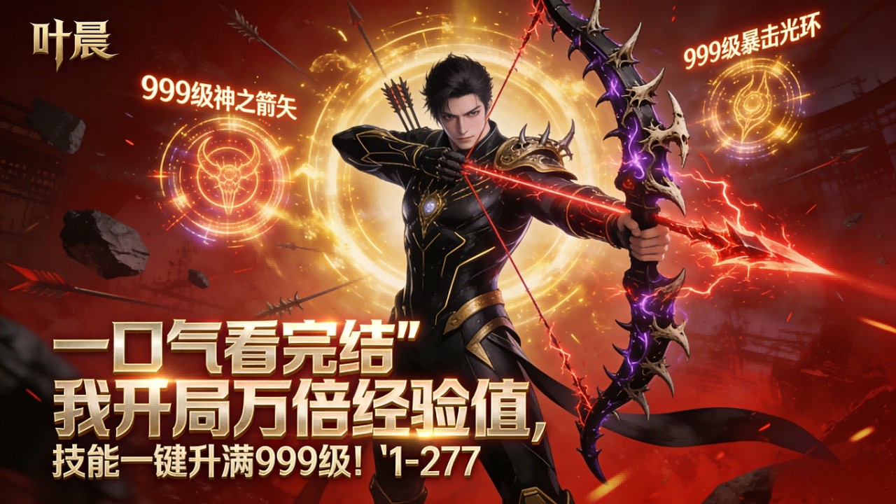 一口气看完结《我开局万倍经验值，技能一键升满999级！》1-277 游戏降临，叶晨觉醒唯一隐藏职业：神射手。绑定万倍增幅系统，万倍经验加成，技能无限升级。【999级神之箭矢】【999级暴击光环】