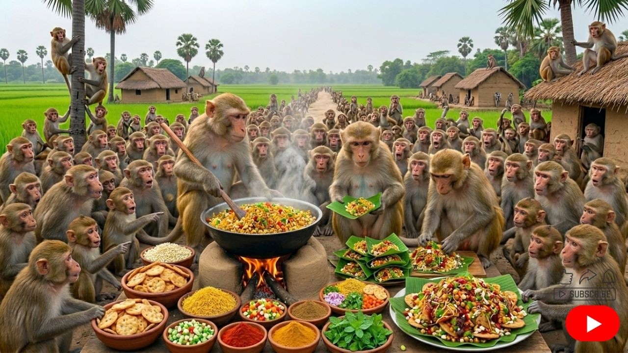 बंदरों ने बनाई मसालेदार चाट पापड़ी😱 😲🔥 पूरा गांव देखने उमड़ा  Monkeys Made Chaat Papdi🤯 #viralvideo