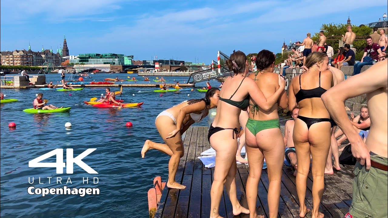 BIKINI BEACH🇩🇰Islands Brygge Harbor Bath Beach | Copenhagen Denmark | August 2023 [4K] Beach Walk