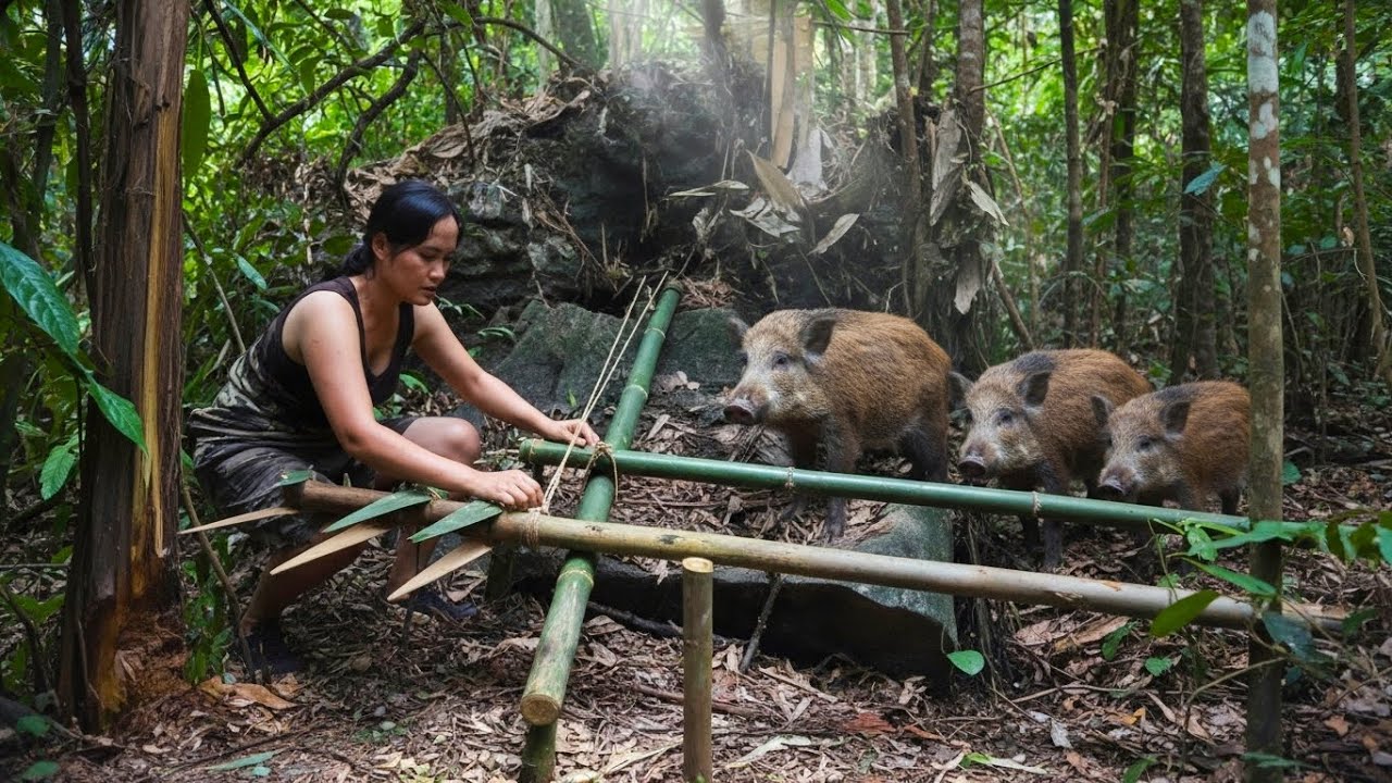 Primitive Skills &ndash; Girl Builds a Wild Boar Trap with Bamboo and Rope