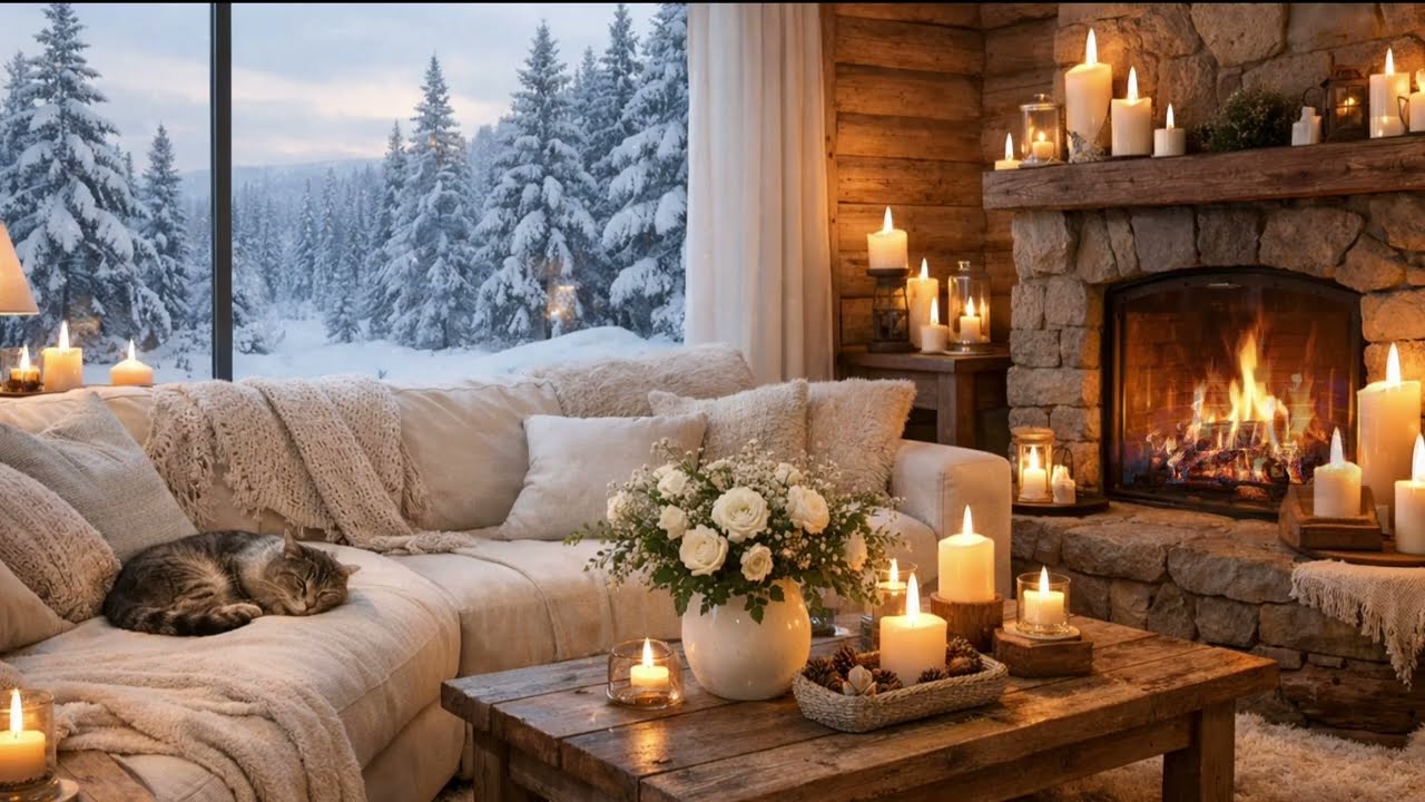 Winter Cabin with Candlelight & Sleeping Cat ❄️ Calm Piano Music for Study, Meditation & Sleep