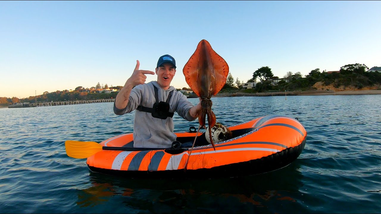 GIANT SQUID FISHING on a $10 INFLATABLE BOAT! INFLATABLE BOAT FISHING CHALLENGE!!!