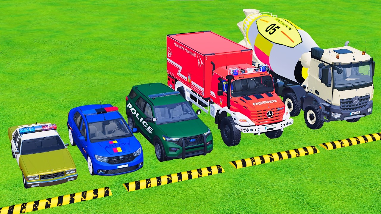 TRANSPORTING POLICE CARS - CHEVROLET,DACIA,FIRE TRUCK,MIXER TRUCK with MAN TRUCK - FS 22 Galaxy Farm