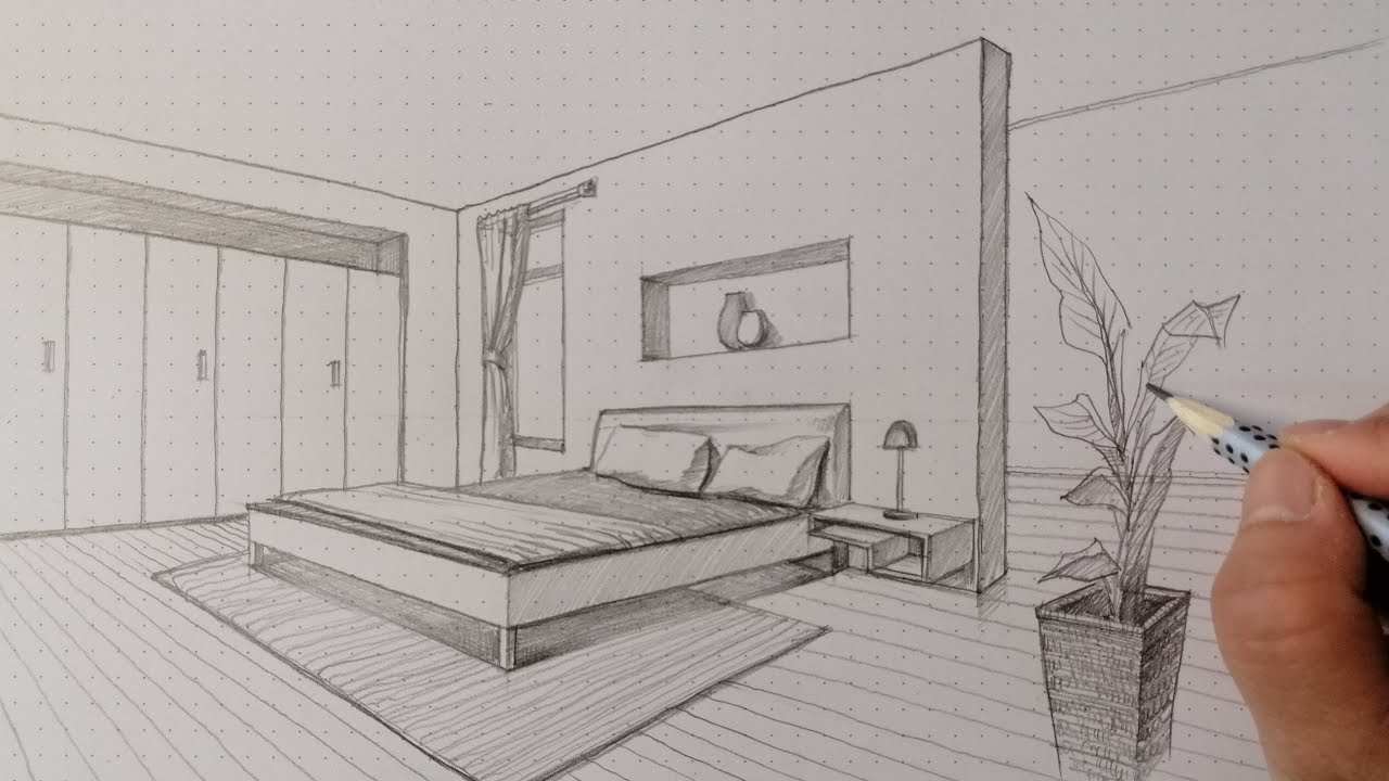 Wie man Schlafzimmer in 2 Punkt Perspektive zeichnen