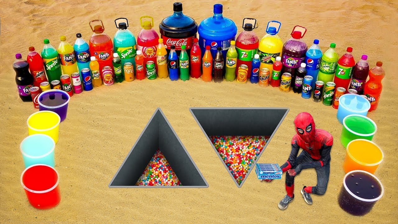 Spiderman & Big Toothpaste Eruption from Two Triangles pit, Giant Sodas, Pepsi, Coca Cola & Mentos