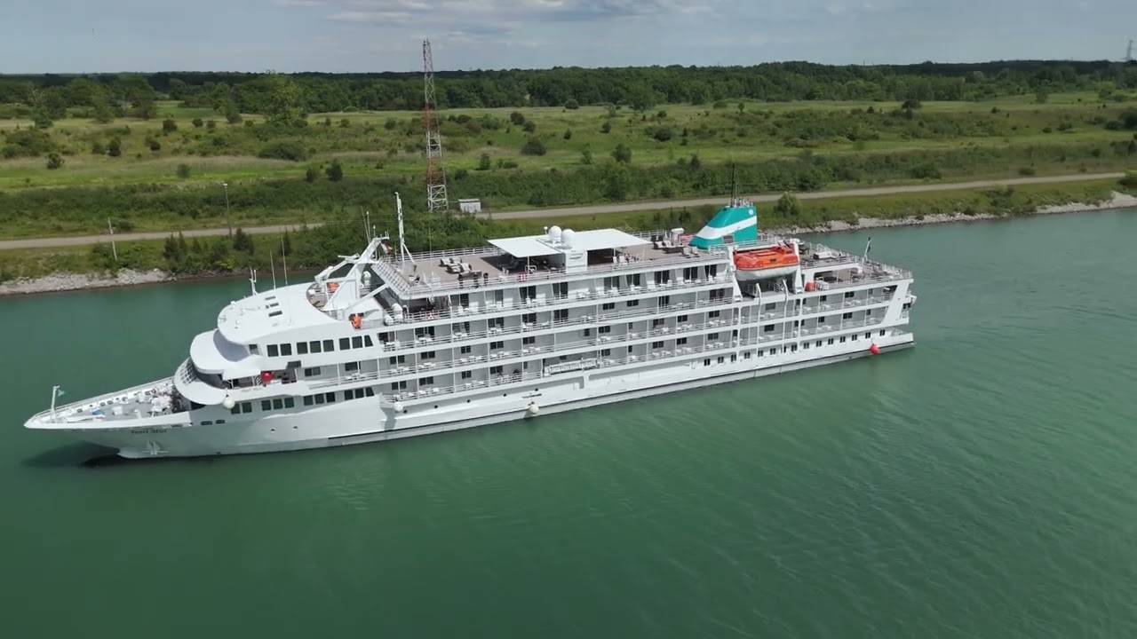 Pearl Mist Passenger Ship - Welland Canal (4K aerial view)