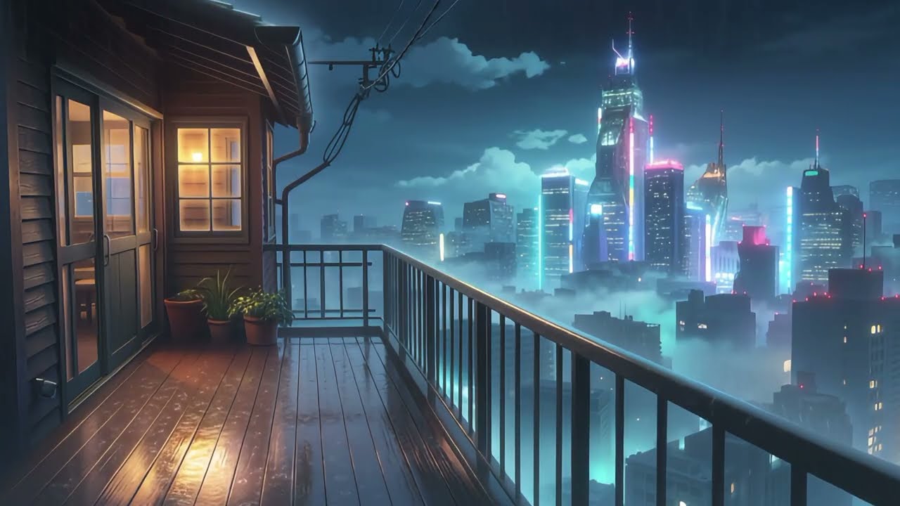 Rainy Neon City Balcony View 🌧️🌆 | Relaxing Night Ambience