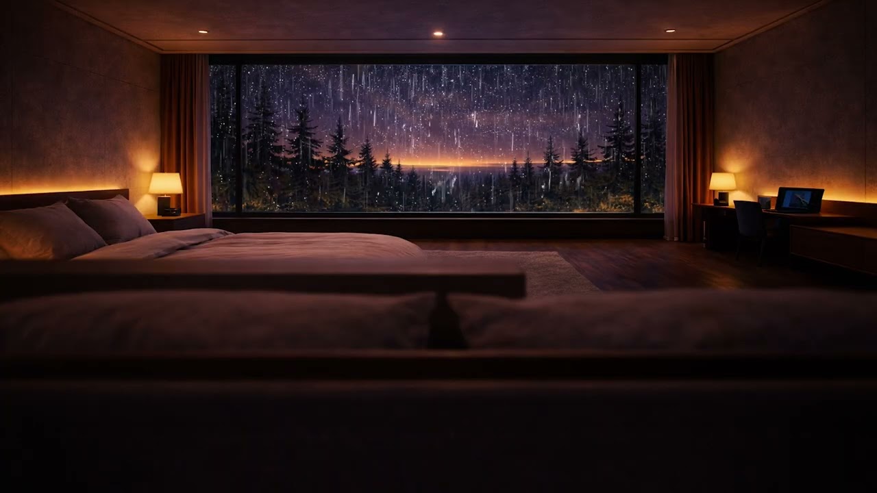 Feel Safe & Relaxed - Night Rain in a Pine Forest from Cozy Bedroom (1 Hour)