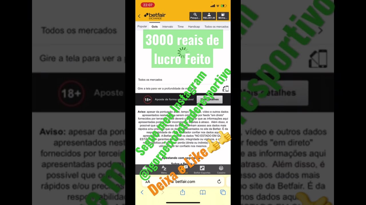 3000 mil reais de lucro em um lay 1,01 na Betfair! Comenta a&iacute; se j&aacute; pegou uma dessa!