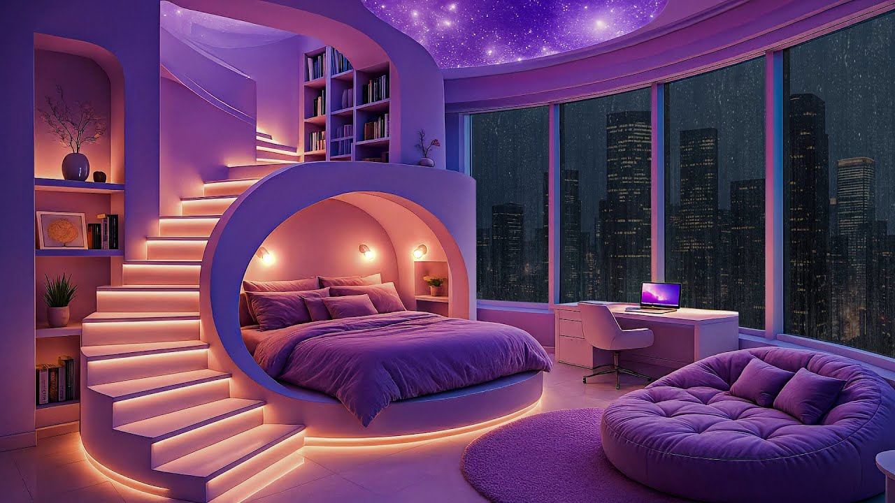 Futuristic Cozy Bedroom at Night 🌌Rainy City View & Purple Aesthetic Ambience for Sleep & Relaxation