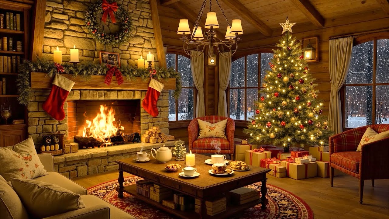 Relaxing Christmas Jazz 🎄 Cozy Christmas Coffee Shop Ambience & Smooth Jazz and Crackling Fireplace
