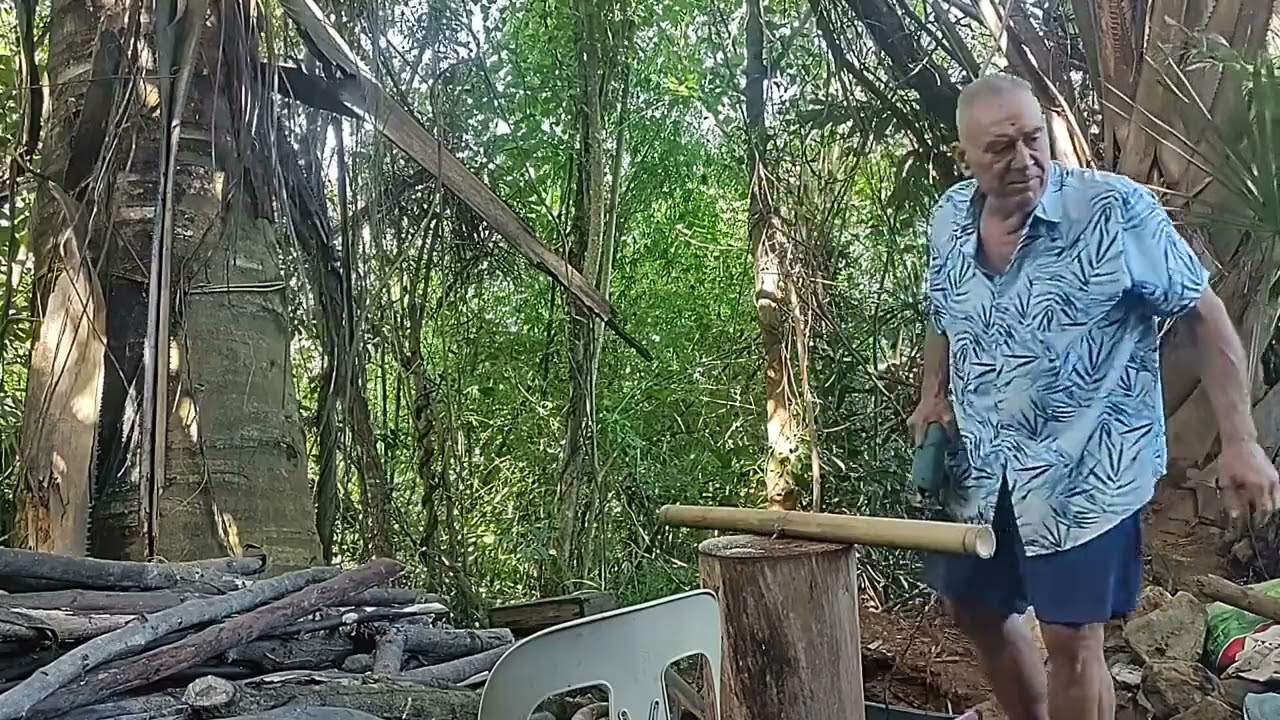 hauling cutting and splitting a load of bamboo for kindling