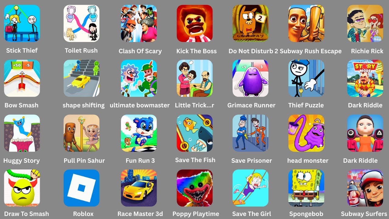 Roblox, Minecraft, Draw To Smash, Freaky Stan, Save The Girl, Scary little, Zombie Blades,Squid Game
