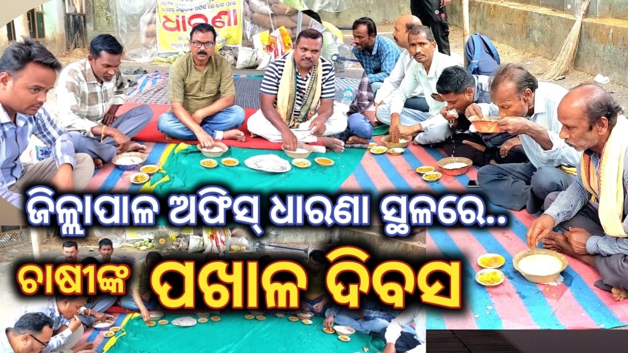ଧାରଣା ସ୍ଥଳରେ ପଖାଳ ଦିବସ // ଧାନ ବିକ୍ରି ସମସ୍ୟା ନେଇ ଜିଲ୍ଲାପାଳ ଅଫିସରେ ଧାରଣାରେ ବସି ପଖାଳ ଖାଇଲେ ଚାଷୀ #news
