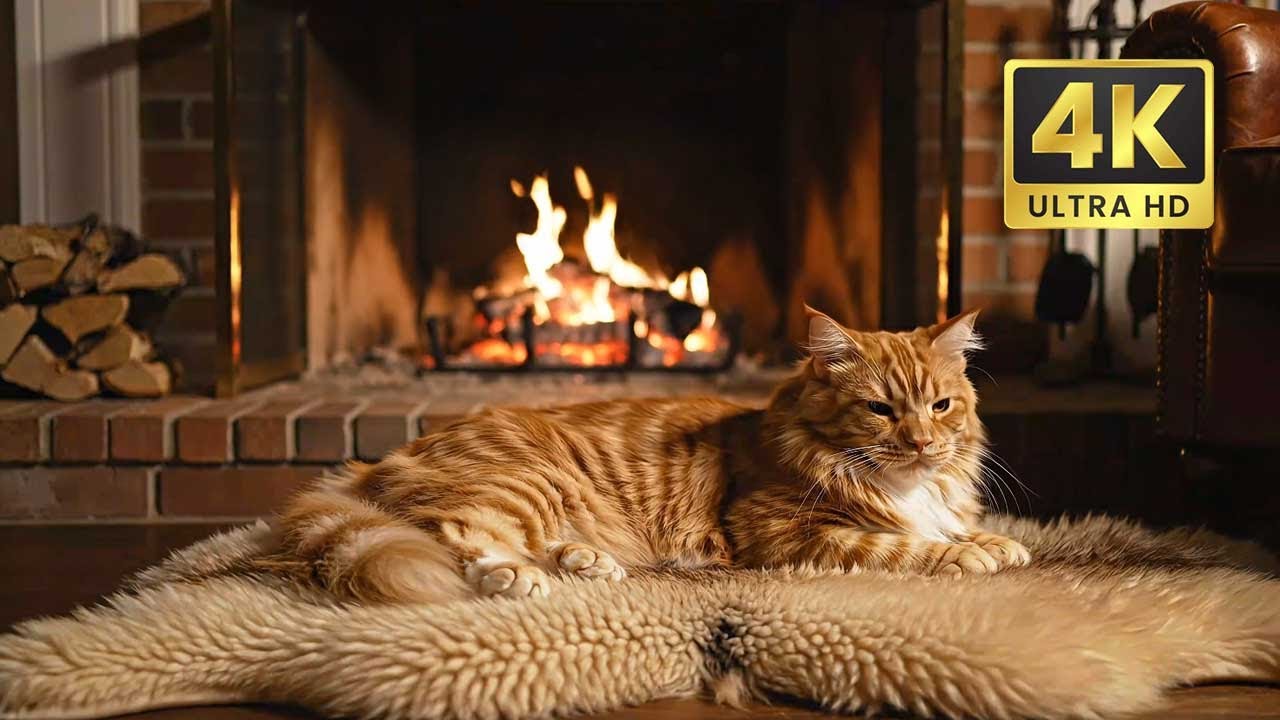 Winter Fireplace Vibes — Sleeping Cat, Crackling Fire & Cozy Calm​ | VibeMocktail
