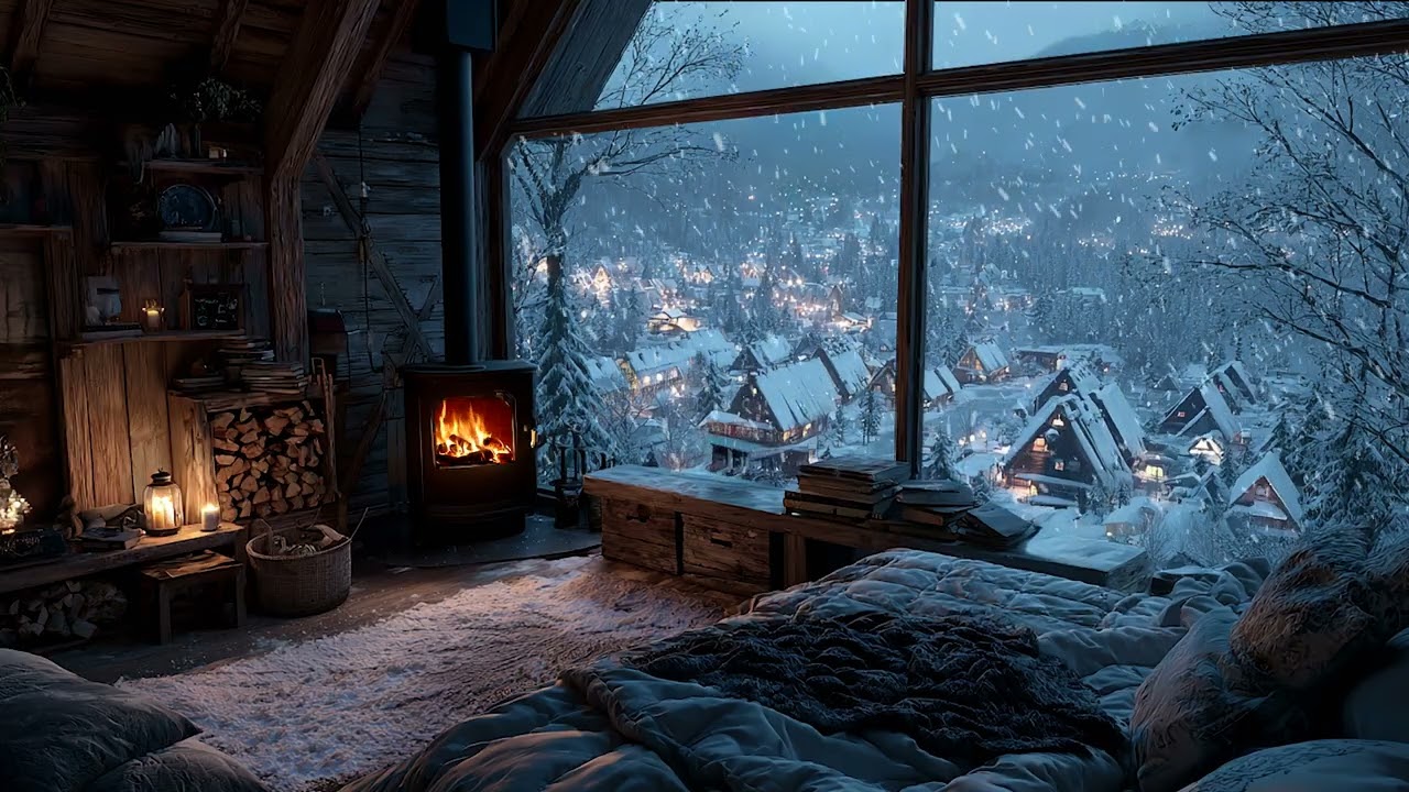 Soft Golden Bedroom Glow as Freezing Wind and Snow Sweep Across the Night | Calm Valley Winter Calm