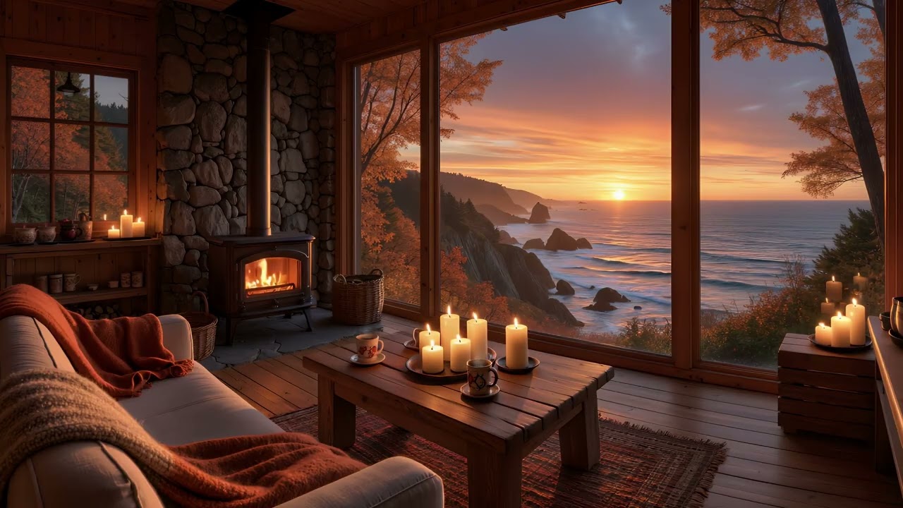 Fall Ocean Sunset 🌅🌊 | Cozy Coastal Cabin Fireplace Ambience for Relaxation