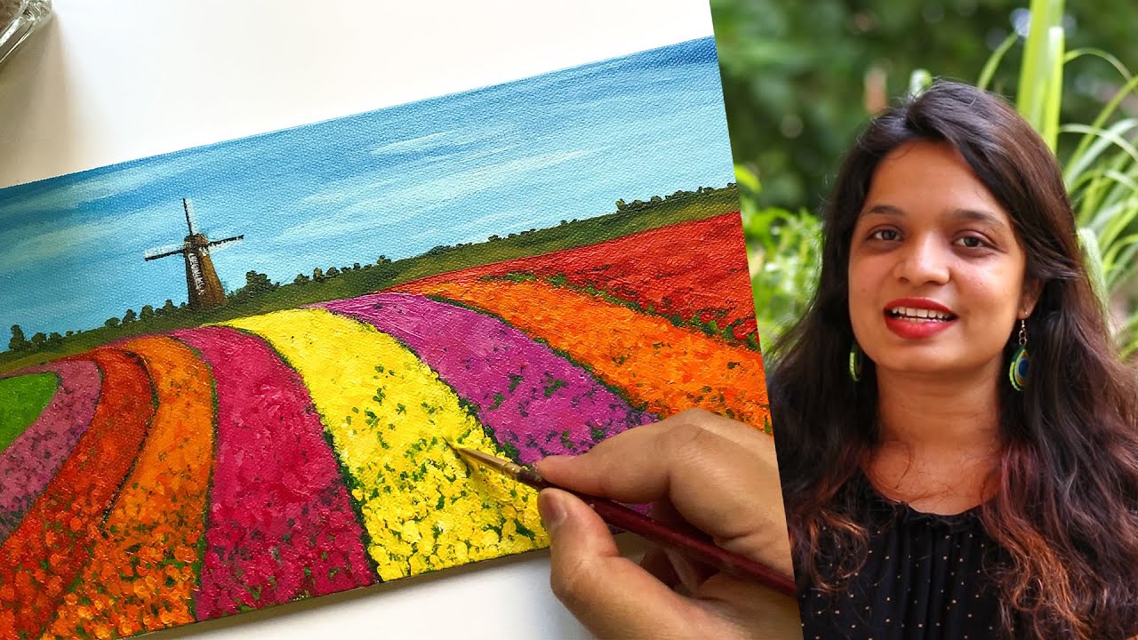 How to paint Tulip fields - Acrylic painting #WithMe | Tutorial for Beginners