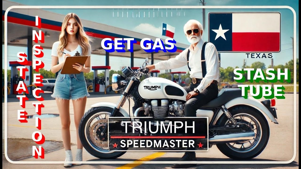 Talking over the Triumph Speedmaster at a Texas state inspection, then gas, & a hidden stash tube