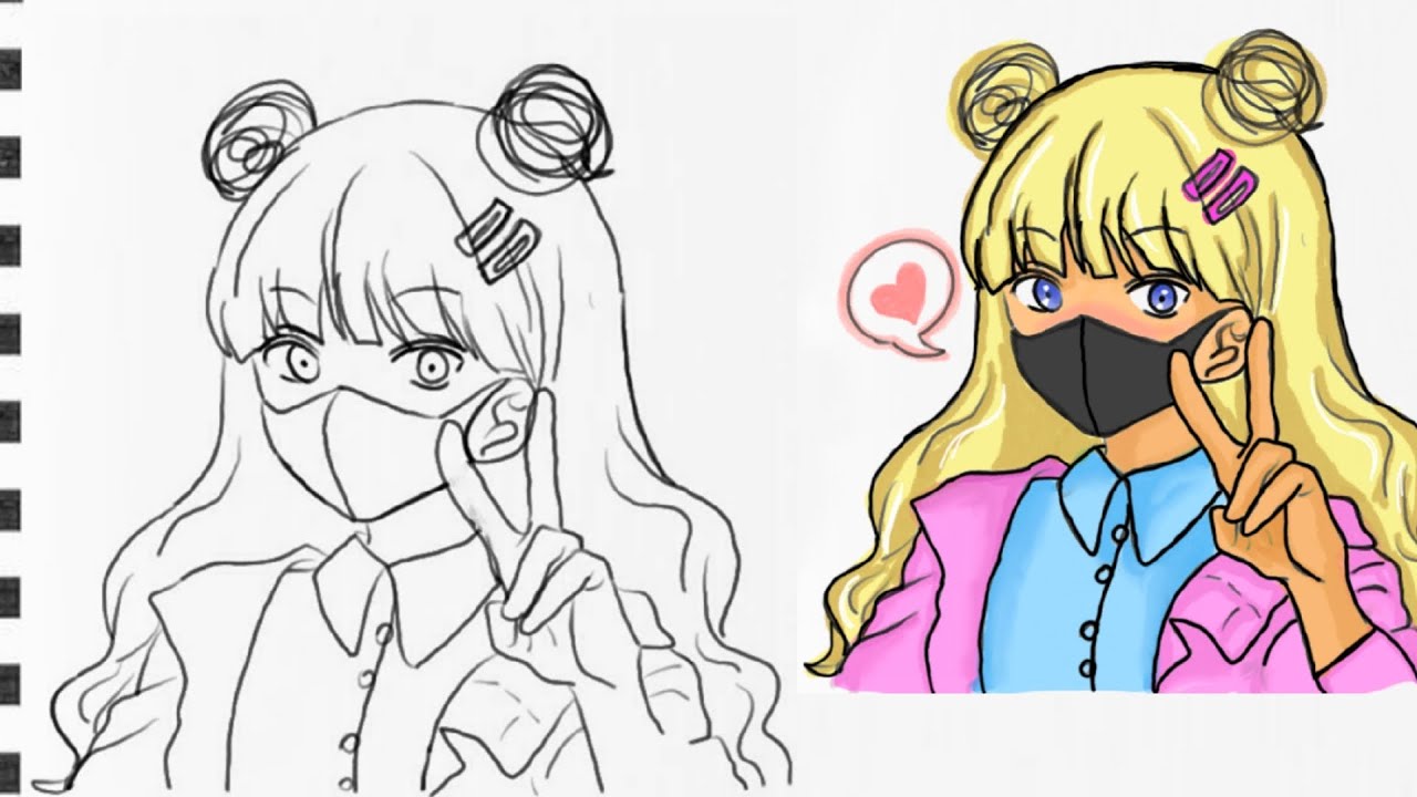 رسم فتاة انمي || طريقة رسم فتاة أنمي ترتدي كمامة  خطوة بخطوة || تعليم الرسم