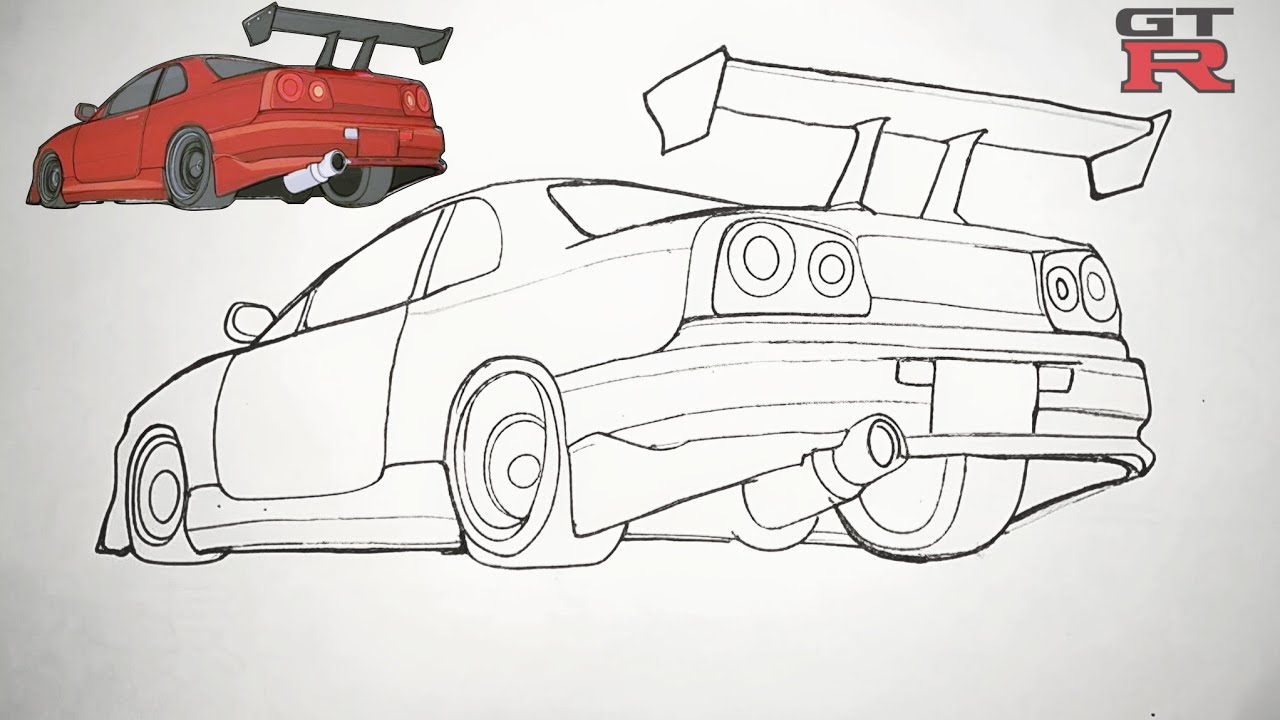 Рисунок R34 Skyline GTR || Спортивный вид сзади 😍 Урок по авто-арту