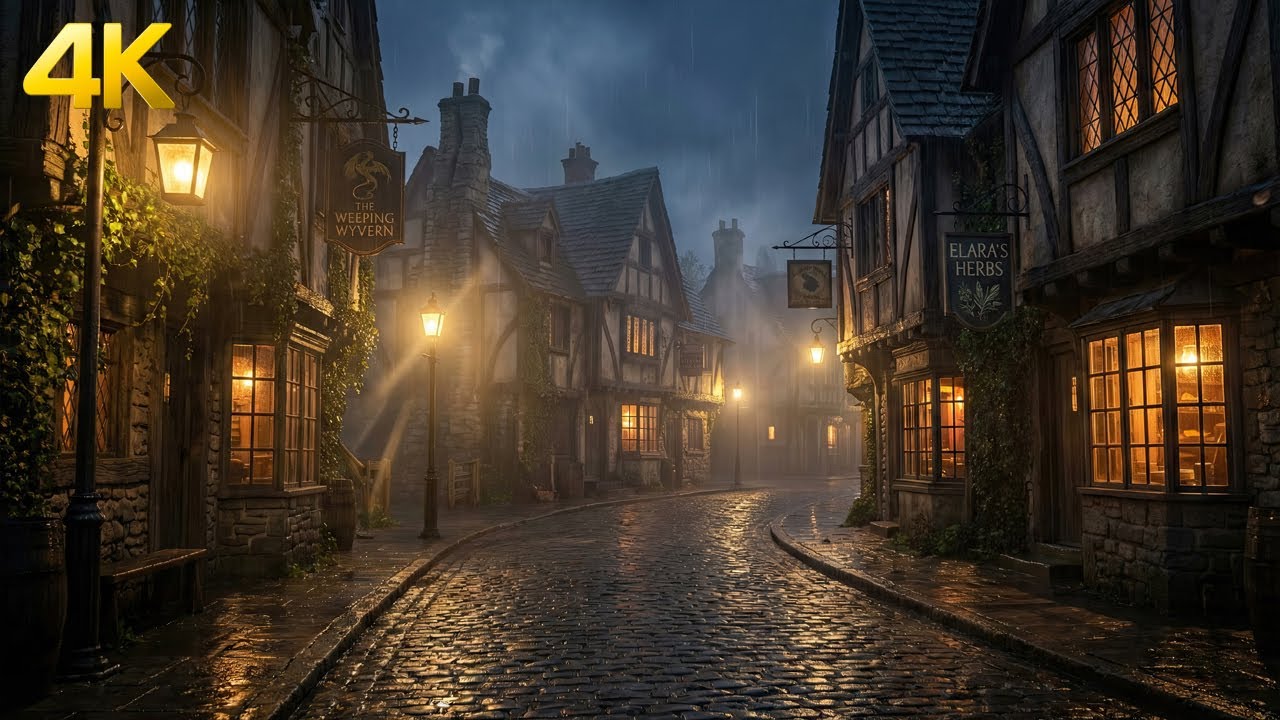 Rainy Medieval Village at Night 🌧️🏰  Cozy Window Rain & Distant Thunder  1 Hour Ambience