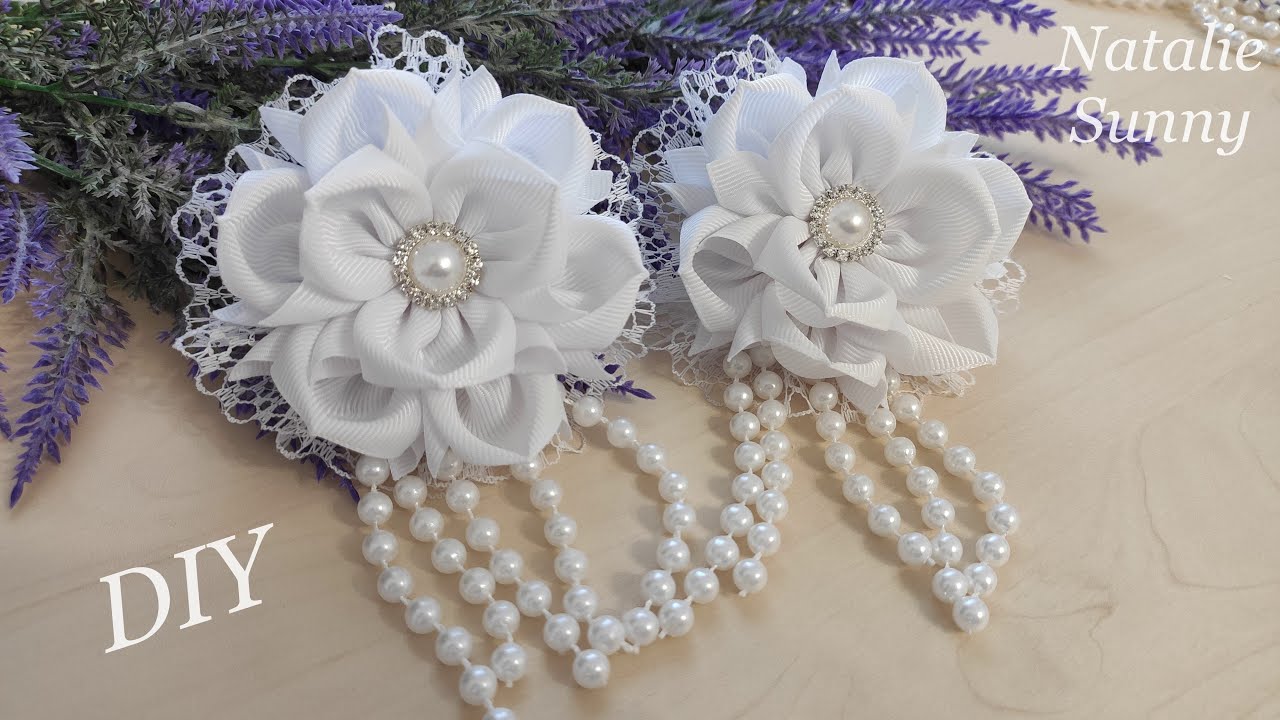 Банты на выпускной из репсовой ленты, с кружевом и жемчужными бусами 🤩 / DIY