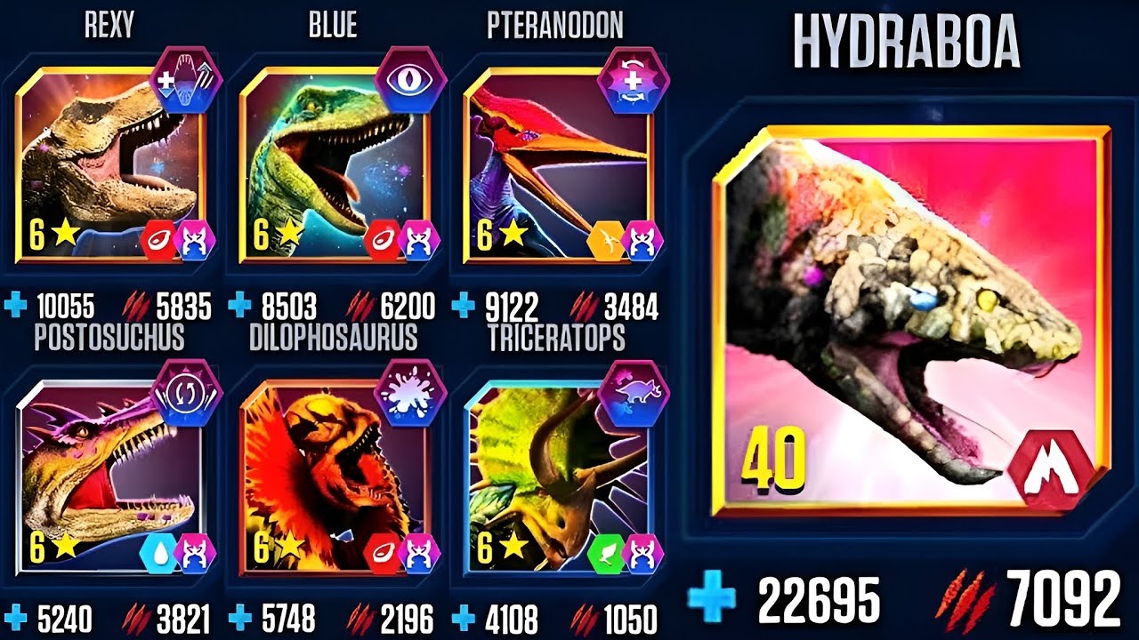 BATTLE OF ALL 6 STAR HEROES WITH HYDRABOA | JURASSIC WORLD THE GAME