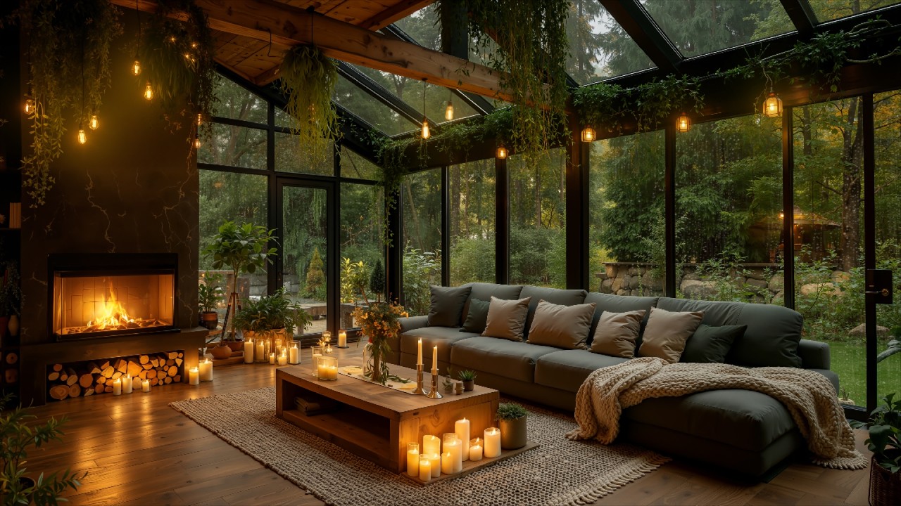 Cozy Forest Cabin Ambience 🌧 Soft Piano & Rainy Night Fireplace for Instant Stress Relief