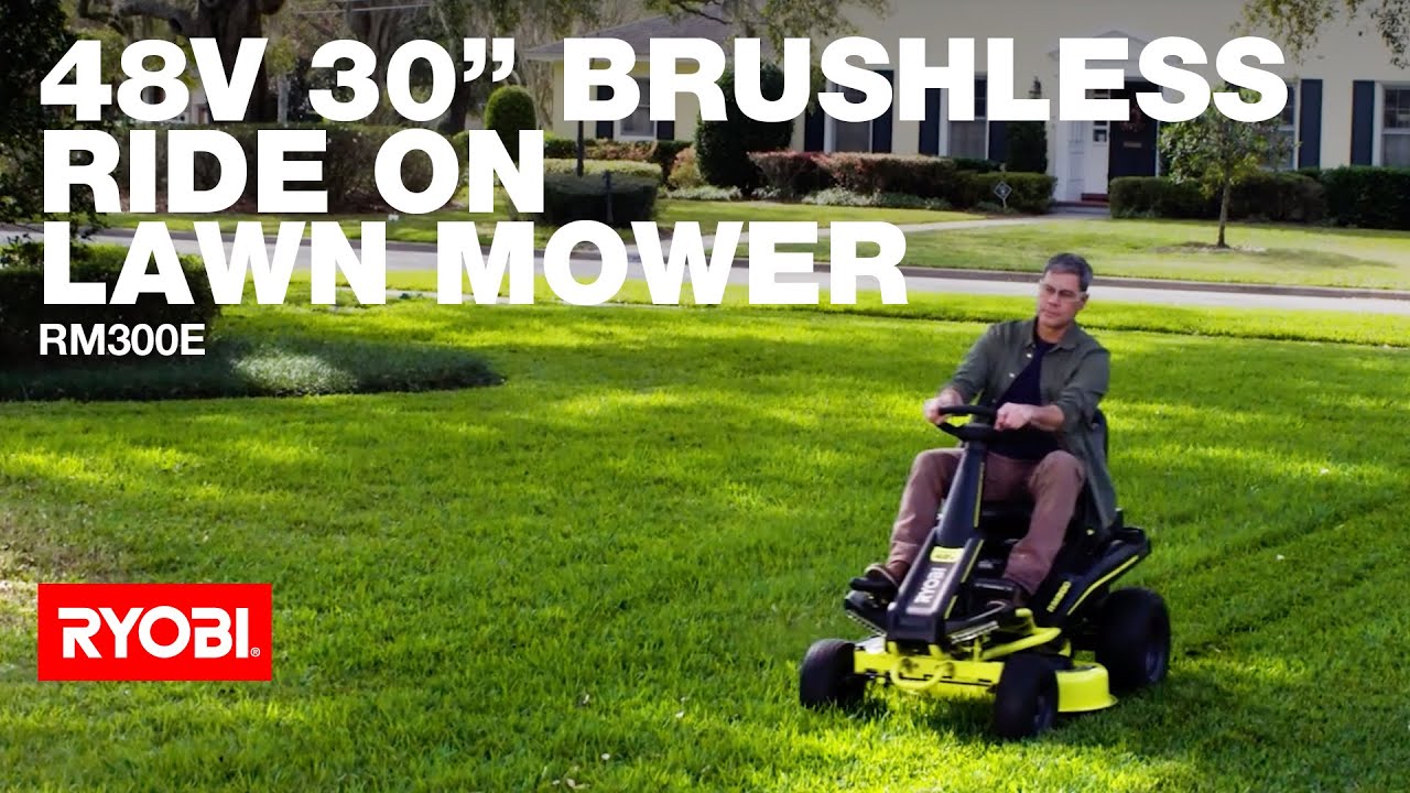 RYOBI 48V 30&rdquo; Brushless Ride-On Mower (RM300E) in action