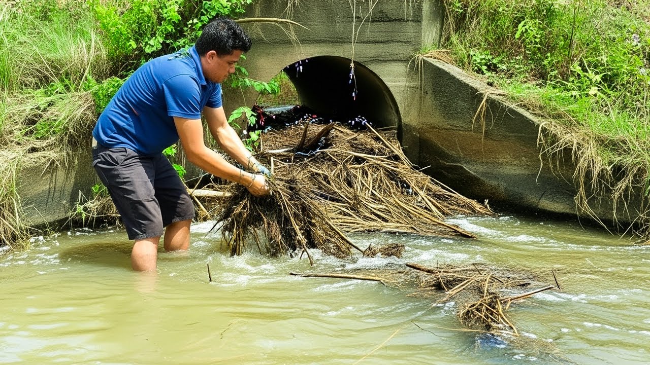 Remove Debris Full Clogged Culvert After Flood Rain