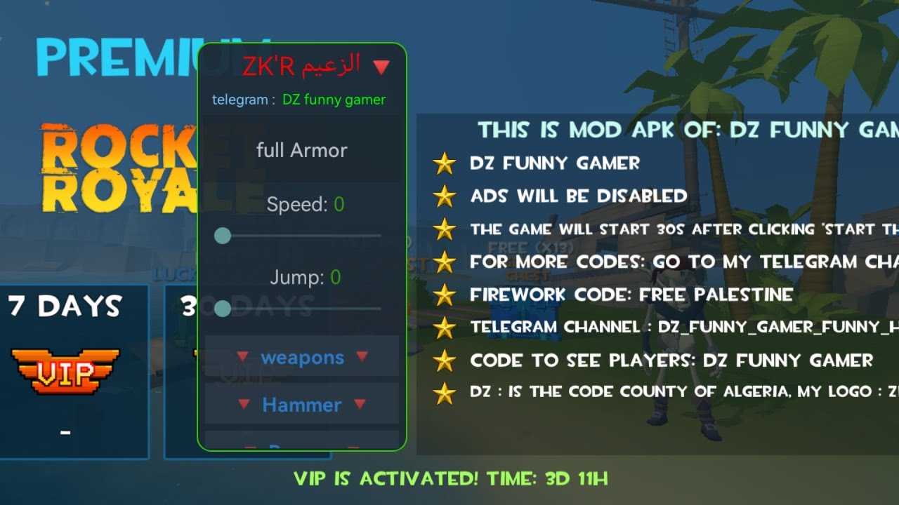 download the best unique mod menu for rocket royale in the world (menu + codes)
