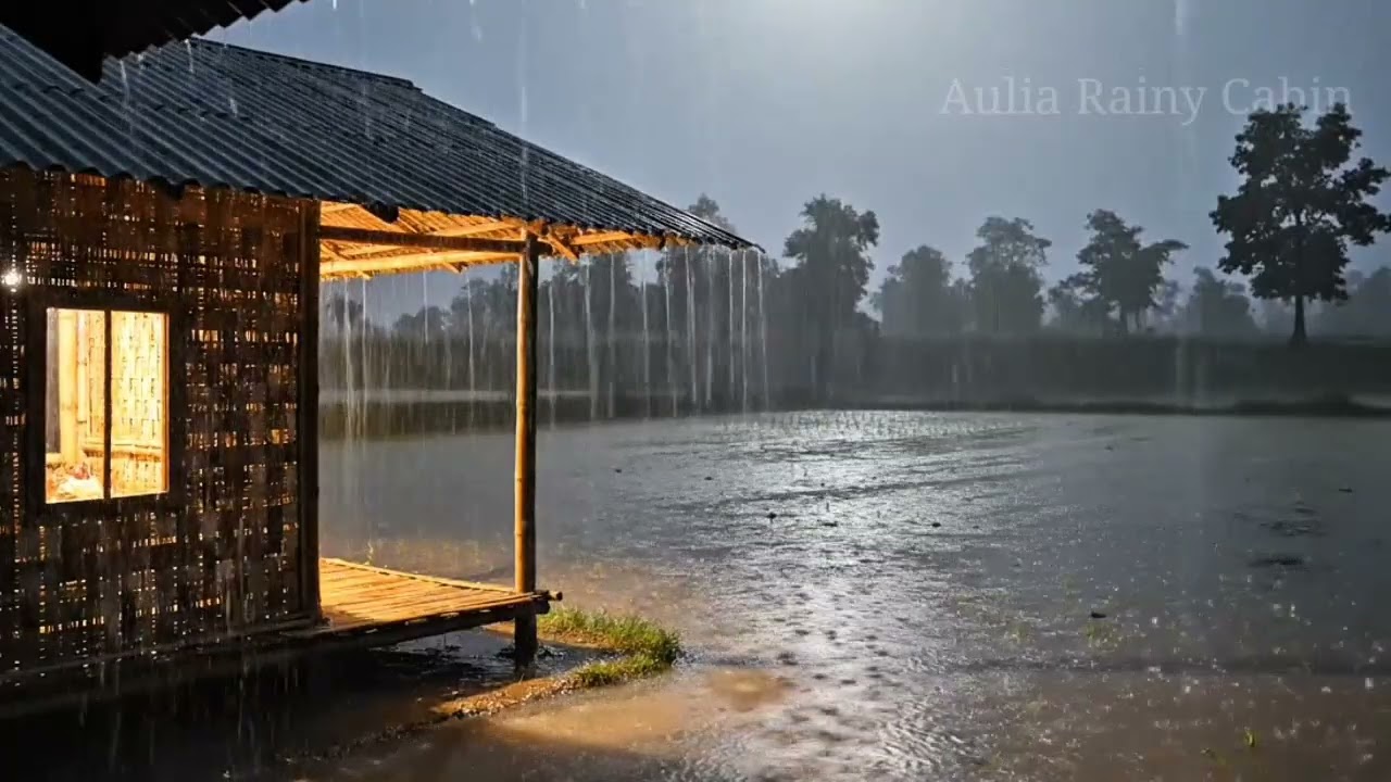 Heavy Rain at a Wooden Hut by the Rice Fields - Cozy Night Ambience | ASMR Rain for Sleep