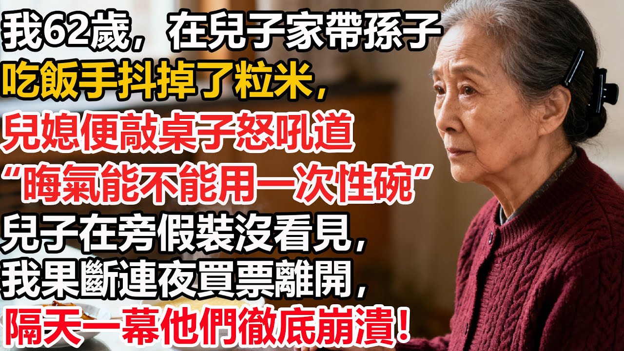 我62歲，在兒子家帶孫子吃飯手抖掉了粒米，兒媳便敲桌子怒吼道“晦氣能不能用一次性碗”兒子在旁假裝沒看見，我果斷連夜買票離開，隔天一幕他們徹底崩潰！