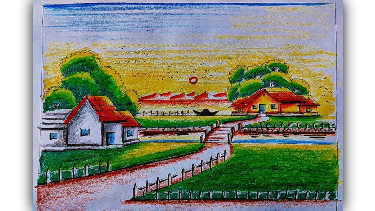 Landscape scenery plastic colour/oil pastel colour and plastic mix/ Beautiful landscape picture 